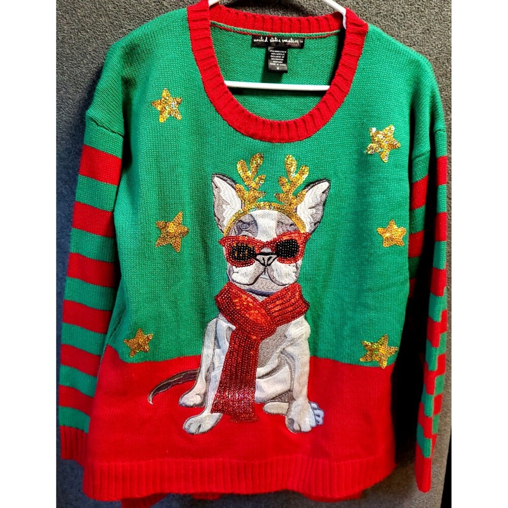 Womens Holiday Christmas Dog Pug Sweater, Size M, Red & Green, Long Sleeve